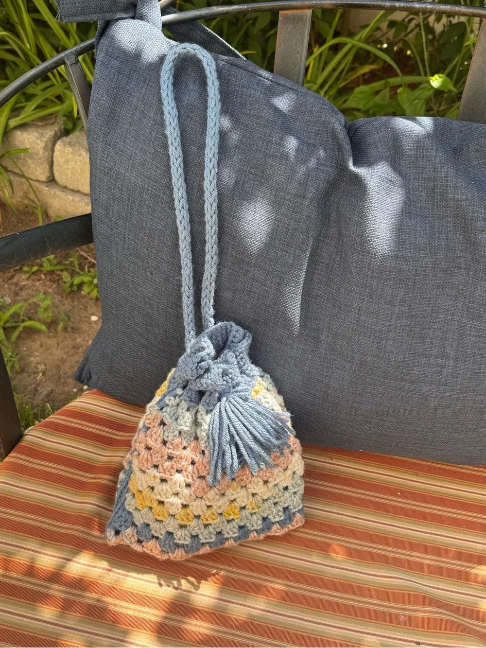 Handmade Crochet Granny Stitch Drawstring Bucket Bag | Boho Tassel Purse